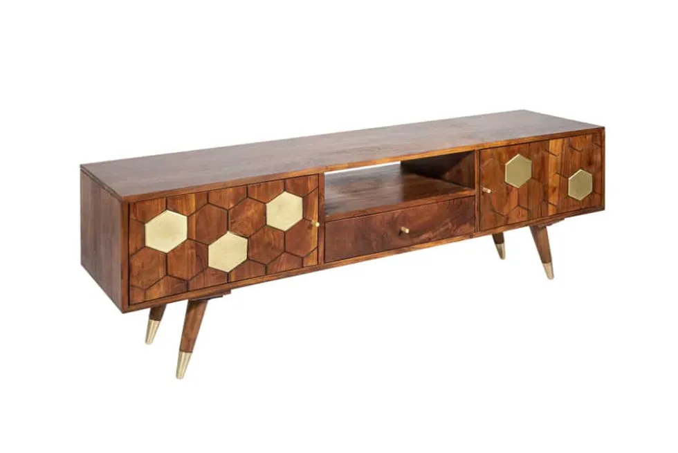Massives TV-Lowboard MYSTIC LIVING 140cm Akazie braun gold Retro Design