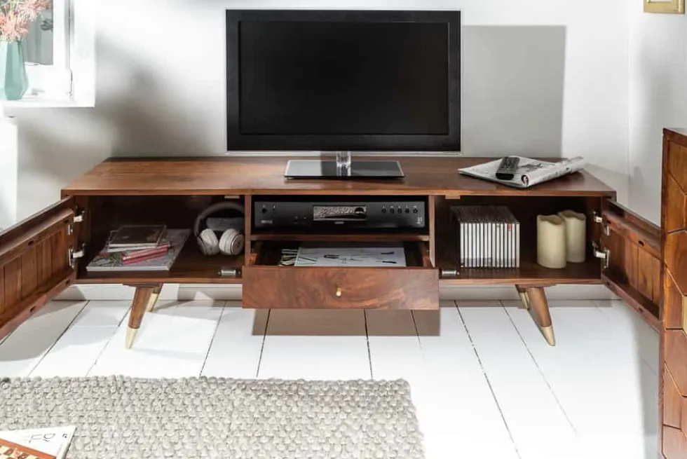 Massives TV-Lowboard MYSTIC LIVING 140cm Akazie braun gold Retro Design