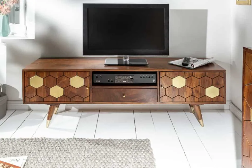 Massives TV-Lowboard MYSTIC LIVING 140cm Akazie braun gold Retro Design