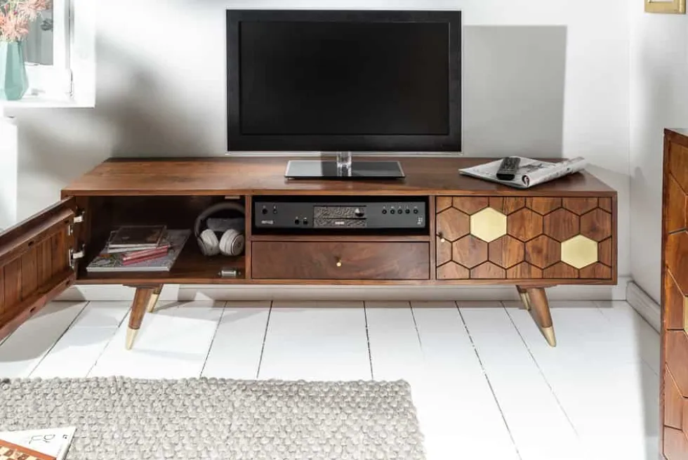 Massives TV-Lowboard MYSTIC LIVING 140cm Akazie braun gold Retro Design