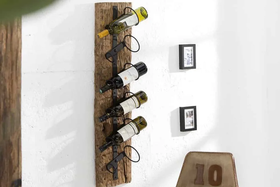 Massives Wand Weinregal BARRACUDA 100cm natur Teakholz Flaschenhalter