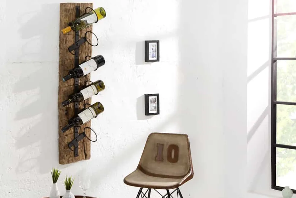 Massives Wand Weinregal BARRACUDA 100cm natur Teakholz Flaschenhalter