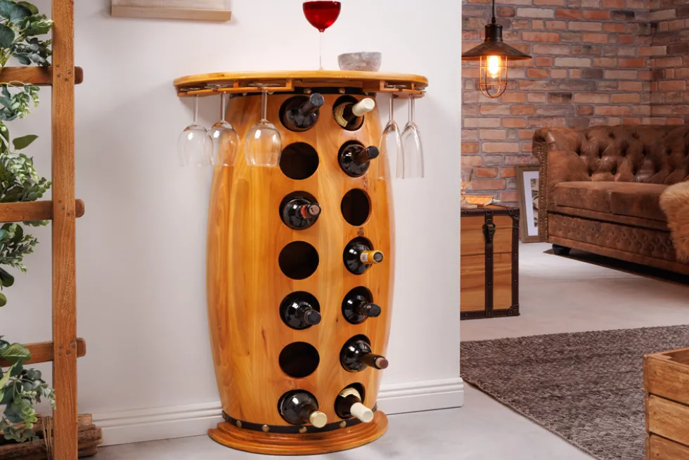 Massives Weinregal BODEGA 84cm natur Pinienholz Weinfass Barschrank für 14 Flaschen