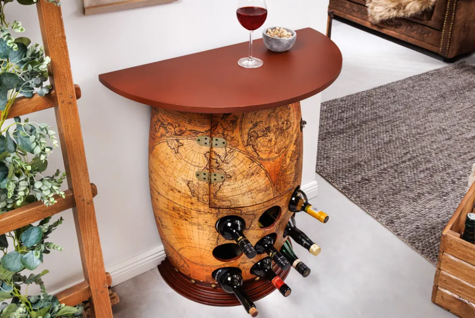 Massives Weinregal SEVEN SEAS 80cm natur Pinienholz Weltkarte Weinfass Barschrank