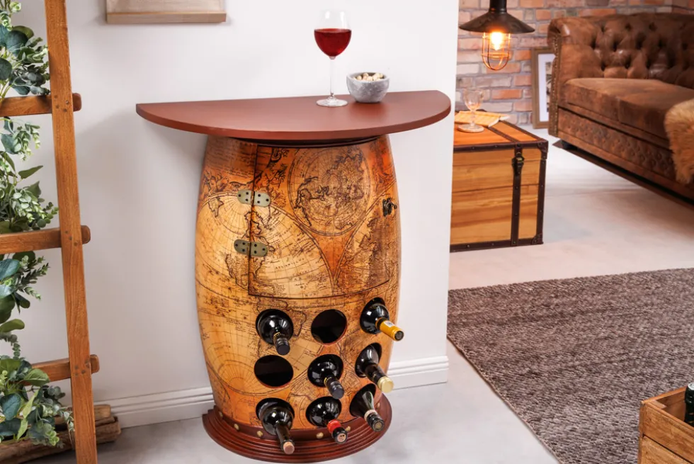 Massives Weinregal SEVEN SEAS 80cm natur Pinienholz Weltkarte Weinfass Barschrank