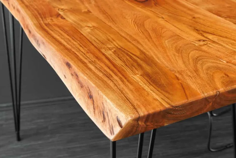 Massivholz Bartisch MAMMUT 140cm natur Akazie Baumkante Metall schwarz Hairpin Legs