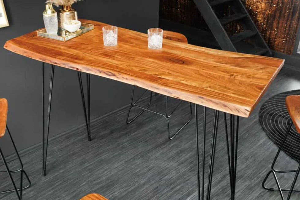 Massivholz Bartisch MAMMUT 140cm natur Akazie Baumkante Metall schwarz Hairpin Legs