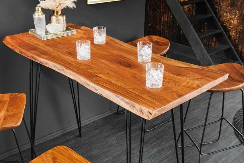 Massivholz Bartisch MAMMUT 140cm natur Akazie Baumkante Metall schwarz Hairpin Legs