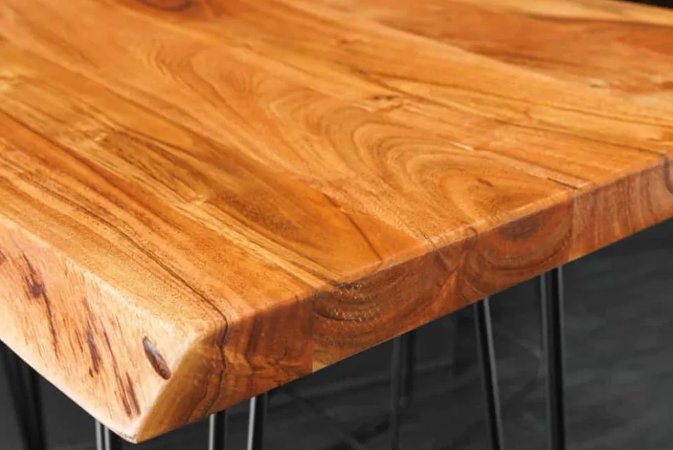 Massivholz Bartisch MAMMUT 140cm natur Akazie Baumkante Metall schwarz Hairpin Legs