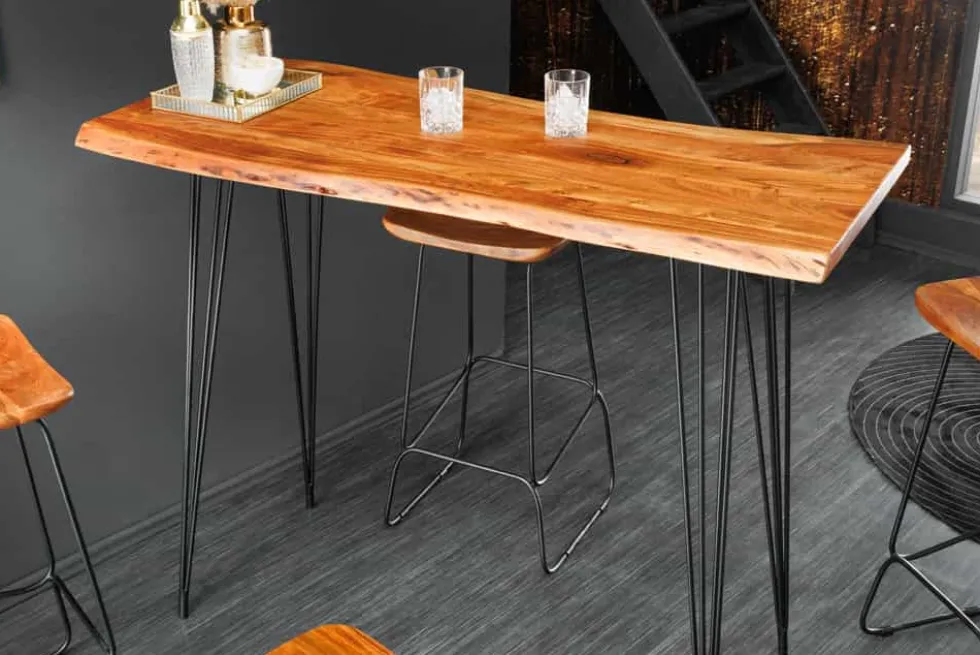 Massivholz Bartisch MAMMUT 140cm natur Akazie Baumkante Metall schwarz Hairpin Legs