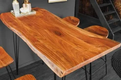 Massivholz Bartisch MAMMUT 140cm natur Akazie Baumkante Metall schwarz Hairpin Legs