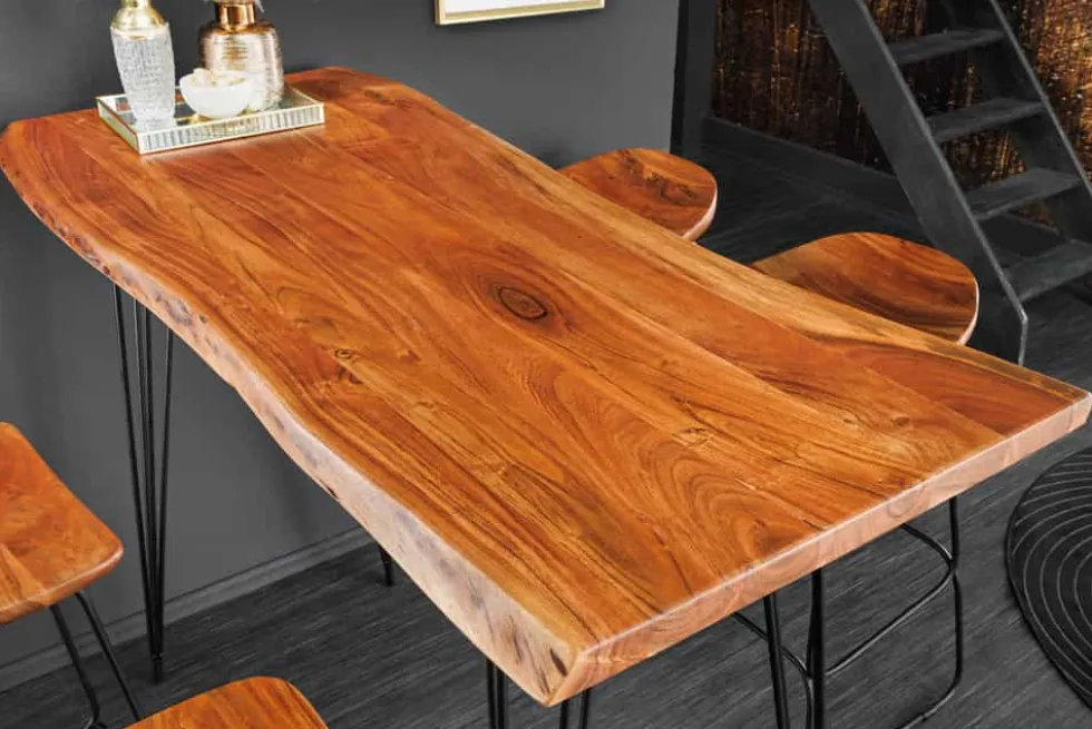 Massivholz Bartisch MAMMUT 140cm natur Akazie Baumkante Metall schwarz Hairpin Legs
