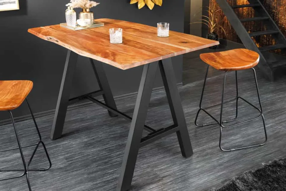 Massivholz Bartisch MAMMUT 120cm natur Akazie Baumkante Metall schwarz mit Fußablage