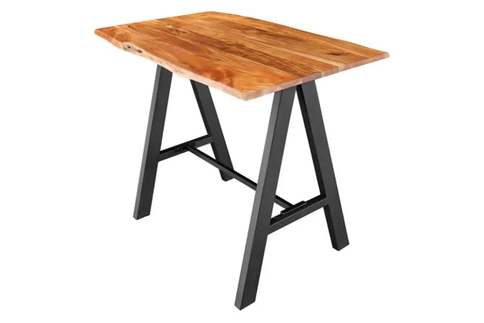 Massivholz Bartisch MAMMUT 120cm natur Akazie Baumkante Metall schwarz mit Fußablage