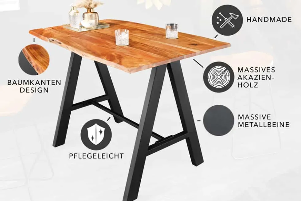 Massivholz Bartisch MAMMUT 120cm natur Akazie Baumkante Metall schwarz mit Fußablage