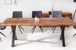 Massivholz Baumkanten Esstisch AMAZONAS 200cm braun Sheesham schwarzes Metallgestell