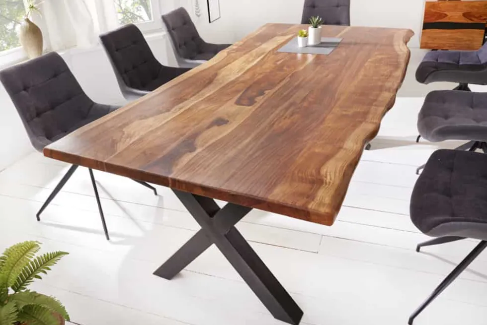 Massivholz Baumkanten Esstisch AMAZONAS 200cm braun Sheesham schwarzes Metallgestell