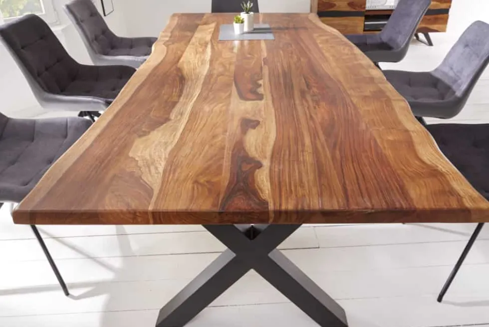Massivholz Baumkanten Esstisch AMAZONAS 200cm braun Sheesham schwarzes Metallgestell