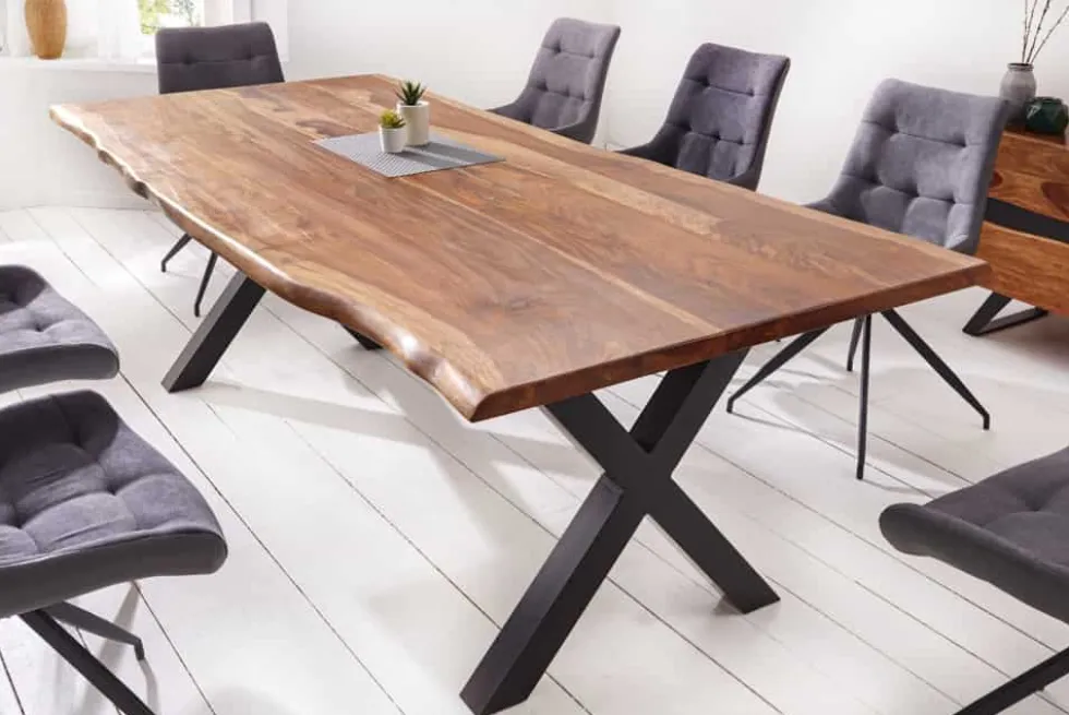 Massivholz Baumkanten Esstisch AMAZONAS 200cm braun Sheesham schwarzes Metallgestell