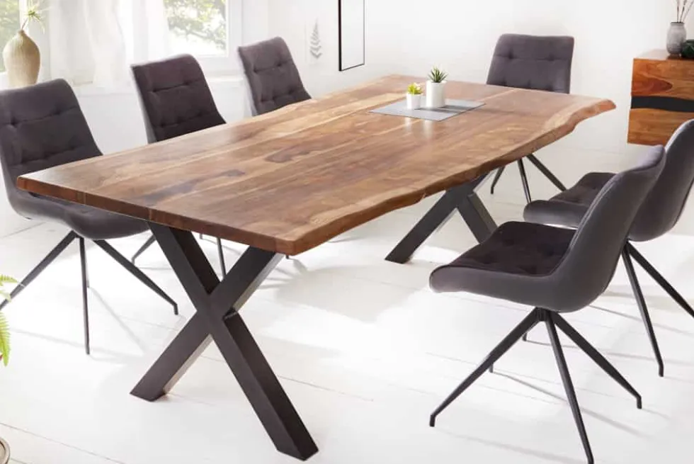 Massivholz Baumkanten Esstisch AMAZONAS 180cm braun Sheesham schwarze Metallbeine