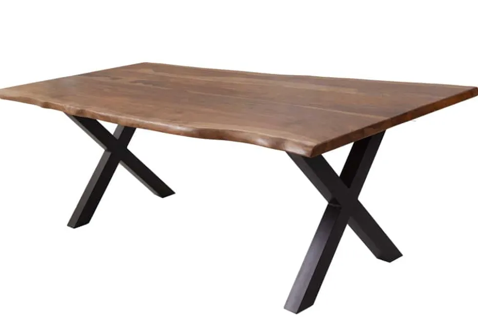 Massivholz Baumkanten Esstisch AMAZONAS 180cm braun Sheesham schwarze Metallbeine