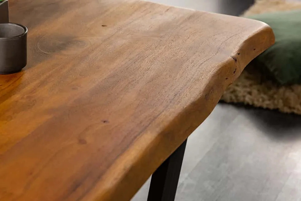 Massivholz Baumstamm Couchtisch MAMMUT 110cm Akazie schwarzes Metallgestell 3,5cm Tischplatte