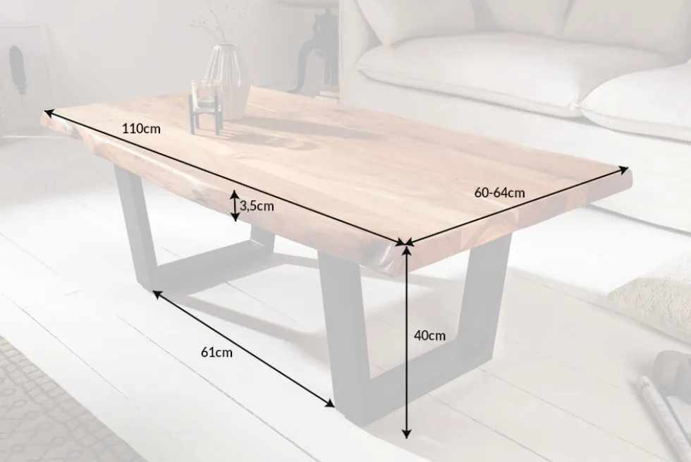 Massivholz Baumstamm Couchtisch MAMMUT 110cm Akazie schwarzes Metallgestell 3,5cm Tischplatte