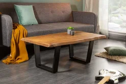 Massivholz Baumstamm Couchtisch MAMMUT 110cm Akazie schwarzes Metallgestell 3,5cm Tischplatte