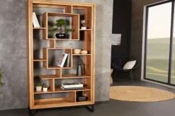 Massivholz Bücherregal CUBUS 190cm Akazie honey finish Metallfüße schwarz Standregal