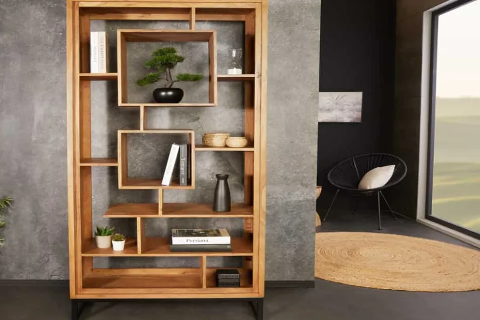 Massivholz Bücherregal CUBUS 190cm Akazie honey finish Metallfüße schwarz Standregal