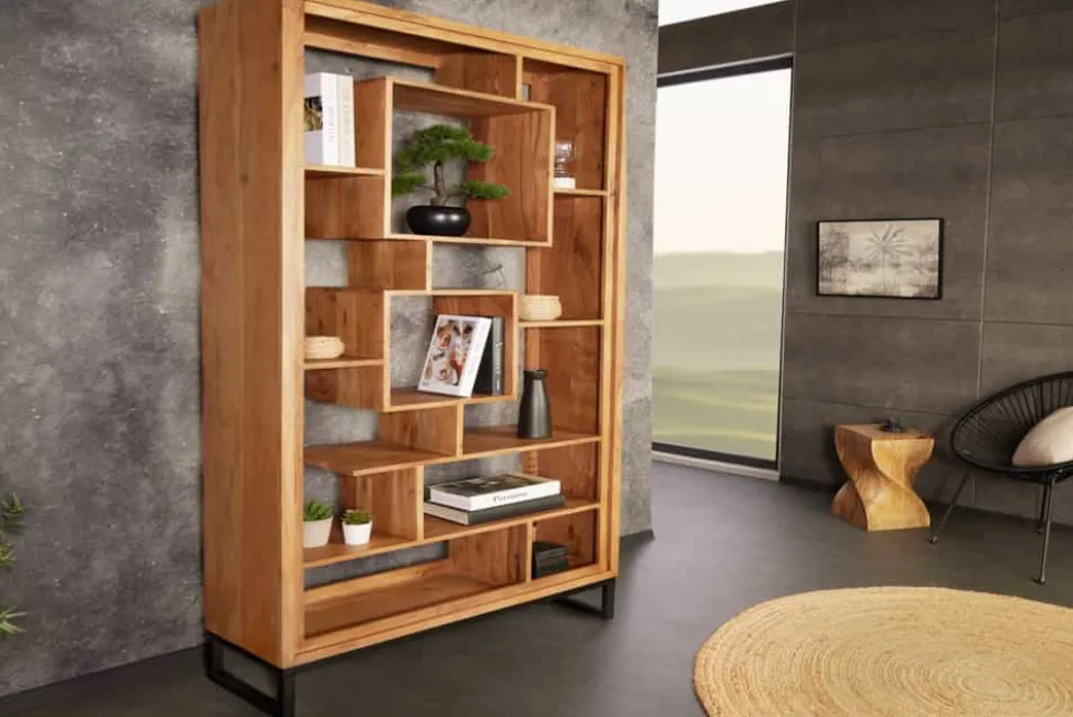 Massivholz Bücherregal CUBUS 190cm Akazie honey finish Metallfüße schwarz Standregal