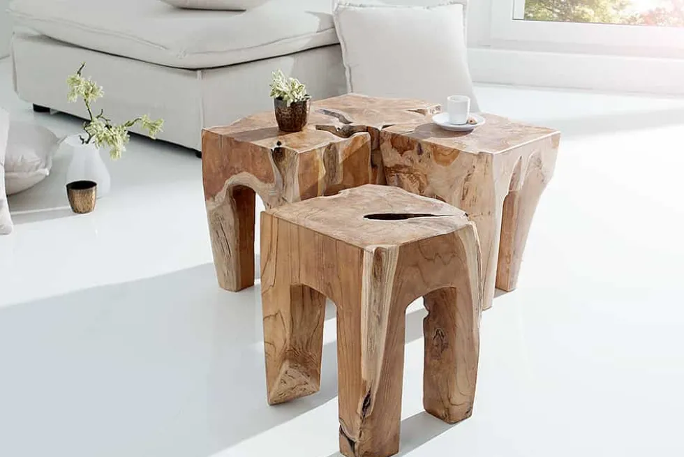 Massivholz Beistelltisch MOLAR 30cm Hocker Teak Block aus einem Stück gefertigt