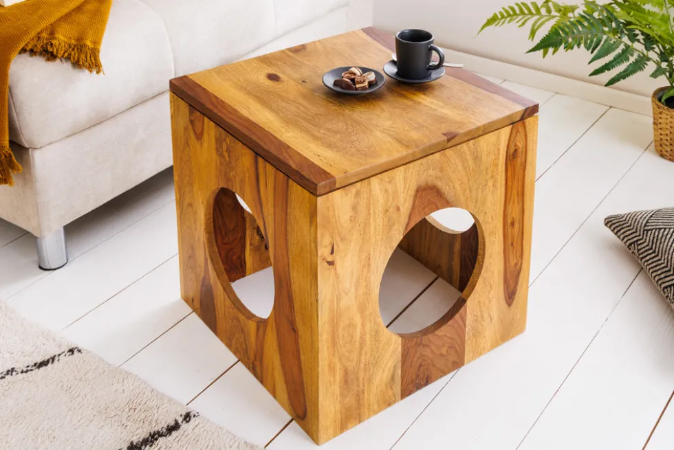 Massivholz Beistelltisch CUBUS 40cm Sheesham stone finish Hocker