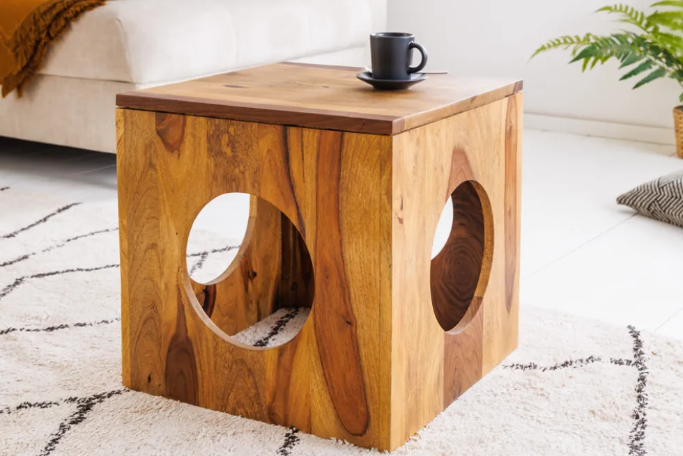 Massivholz Beistelltisch CUBUS 40cm Sheesham stone finish Hocker