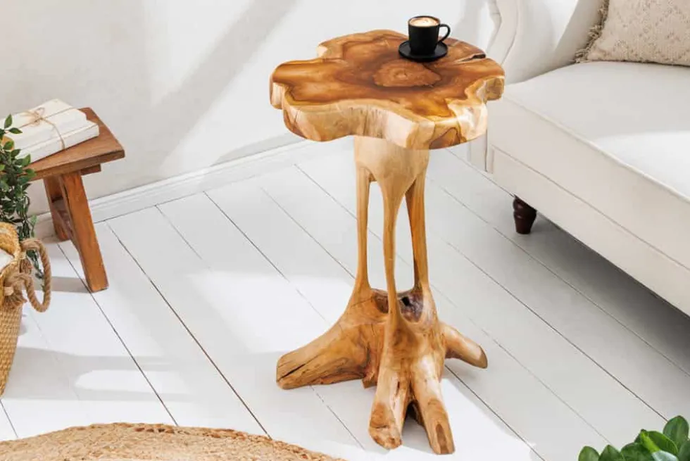 Massivholz Beistelltisch ROOT 70cm natur Teak aus Wurzelholz im Stelzen-Design