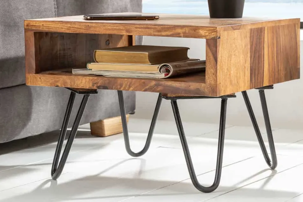 Massivholz Beistelltisch SCORPION 45cm braun Sheesham stone finish Hairpin Legs Stauraum