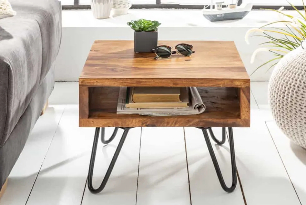 Massivholz Beistelltisch SCORPION 45cm braun Sheesham stone finish Hairpin Legs Stauraum