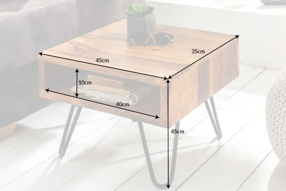 Massivholz Beistelltisch SCORPION 45cm braun Sheesham stone finish Hairpin Legs Stauraum