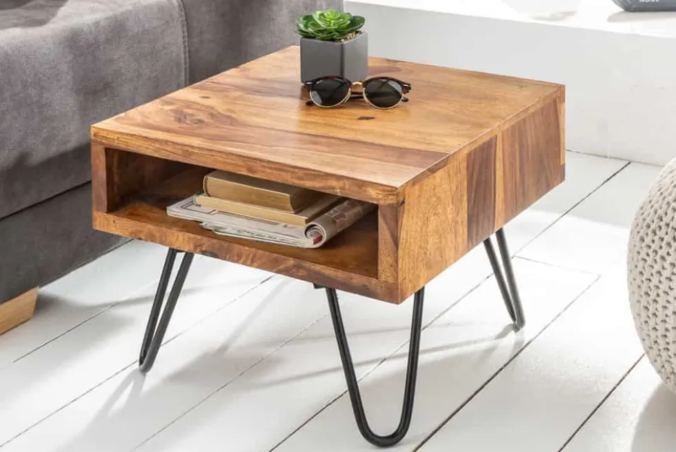 Massivholz Beistelltisch SCORPION 45cm braun Sheesham stone finish Hairpin Legs Stauraum
