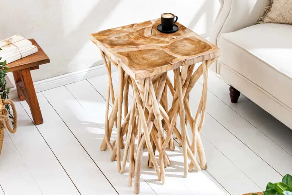 Massivholz Beistelltisch DRIFTWOOD 60cm natur Teak viereckig im Stelzen-Design
