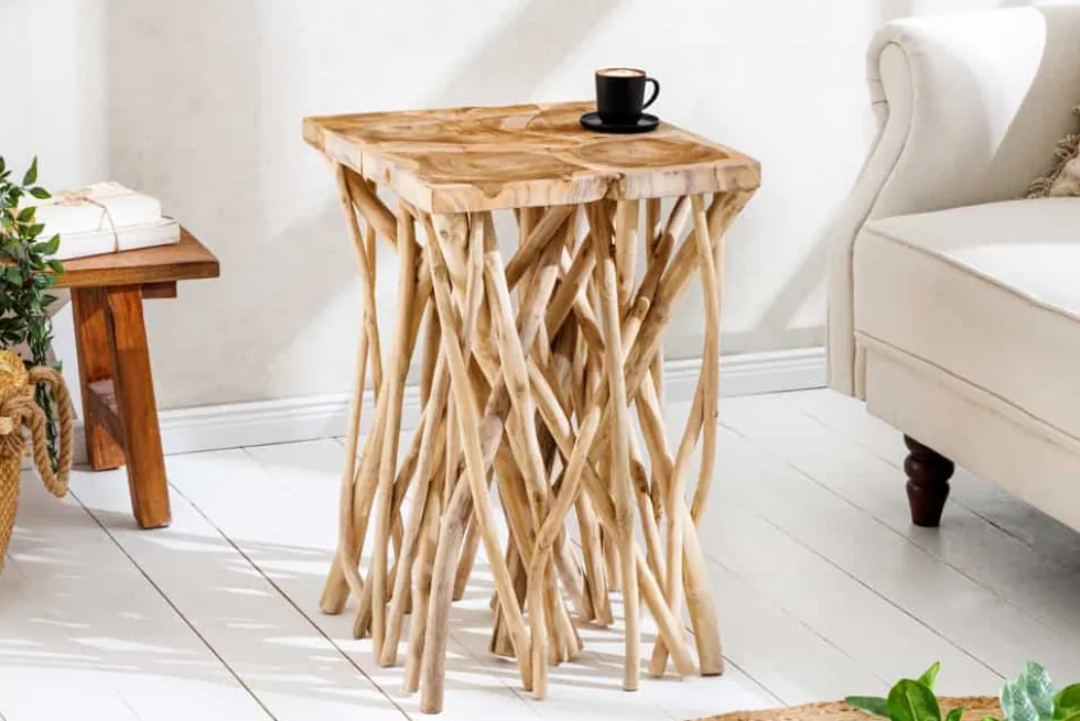 Massivholz Beistelltisch DRIFTWOOD 60cm natur Teak viereckig im Stelzen-Design