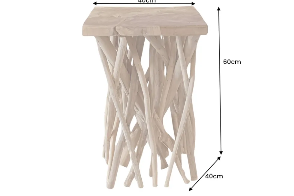 Massivholz Beistelltisch DRIFTWOOD 60cm natur Teak viereckig im Stelzen-Design