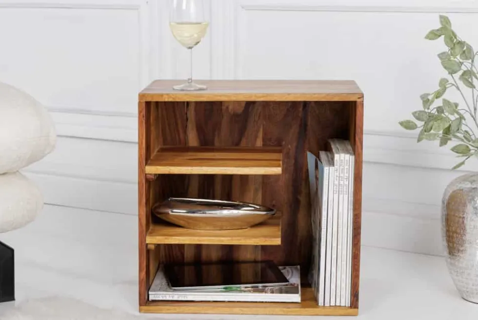 Massivholz Beistelltisch CUBUS 45cm braun Sheesham stone finish Regal Nachttisch
