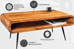 Massivholz Couchtisch ALPHA 90cm braun Sheesham stone finish Metallbeine mit Stauraum