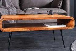 Massivholz Couchtisch ALPHA 90cm braun Sheesham stone finish Metallbeine mit Stauraum