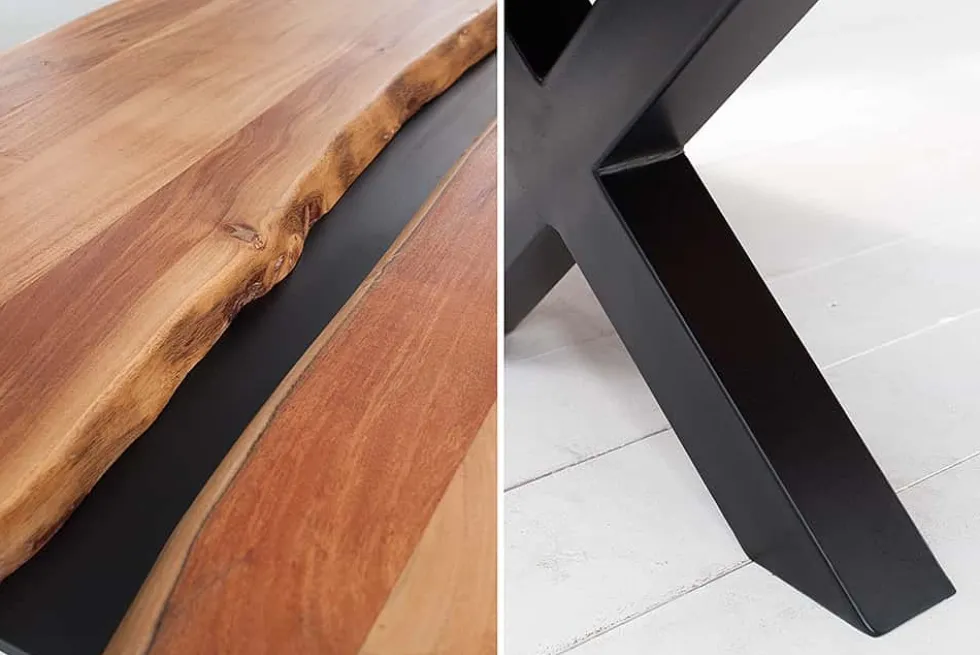 Massivholz Couchtisch AMAZONAS 105cm Akazie schwarzes Metall X-Gestell Baumkante Live Edge