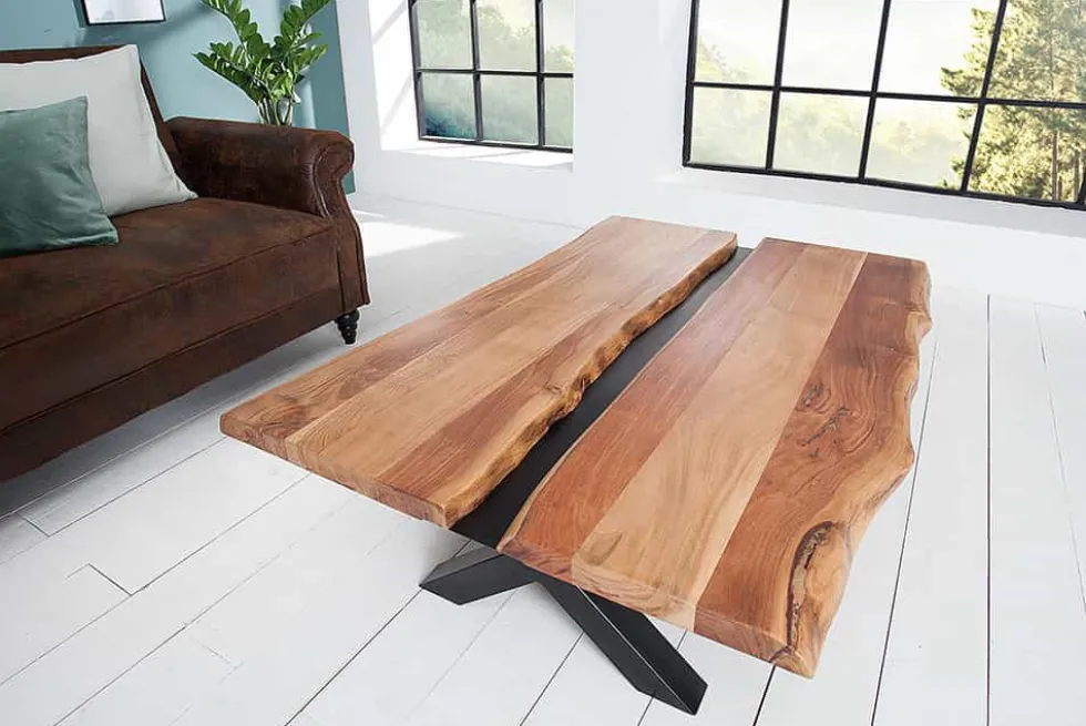 Massivholz Couchtisch AMAZONAS 105cm Akazie schwarzes Metall X-Gestell Baumkante Live Edge