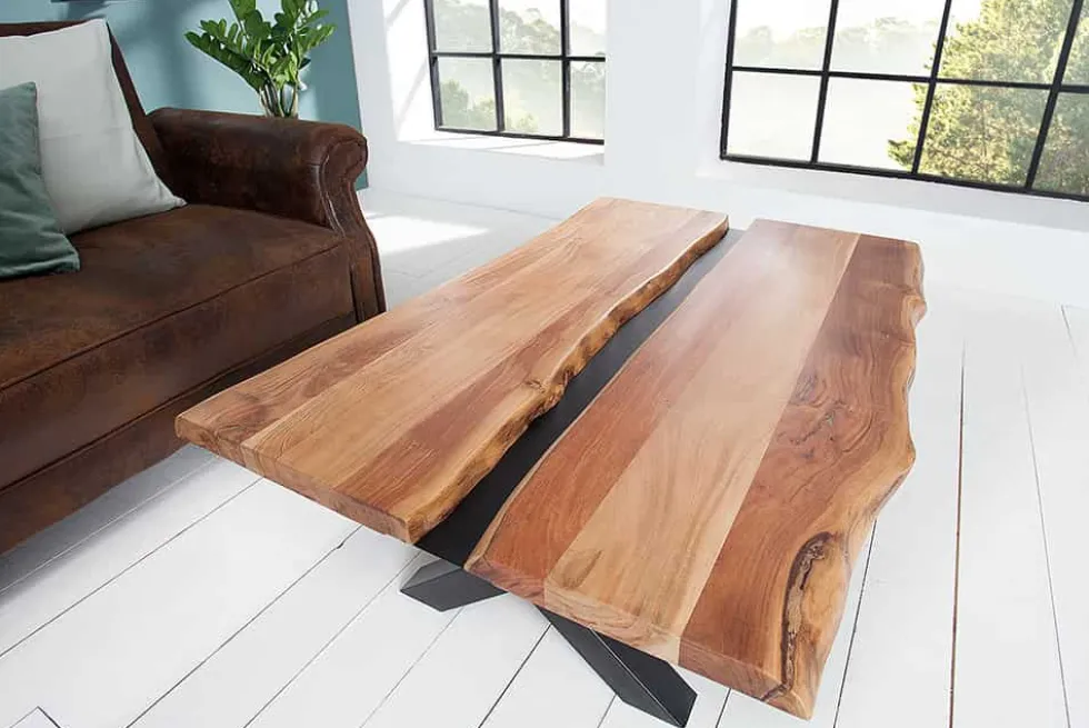 Massivholz Couchtisch AMAZONAS 105cm Akazie schwarzes Metall X-Gestell Baumkante Live Edge