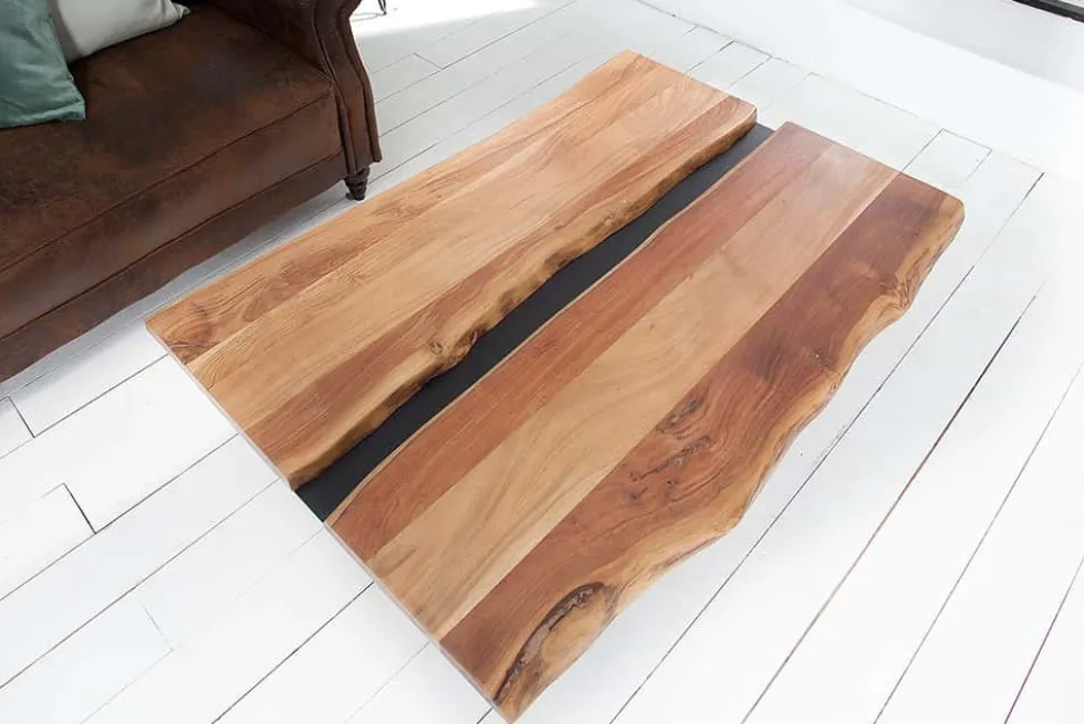 Massivholz Couchtisch AMAZONAS 105cm Akazie schwarzes Metall X-Gestell Baumkante Live Edge
