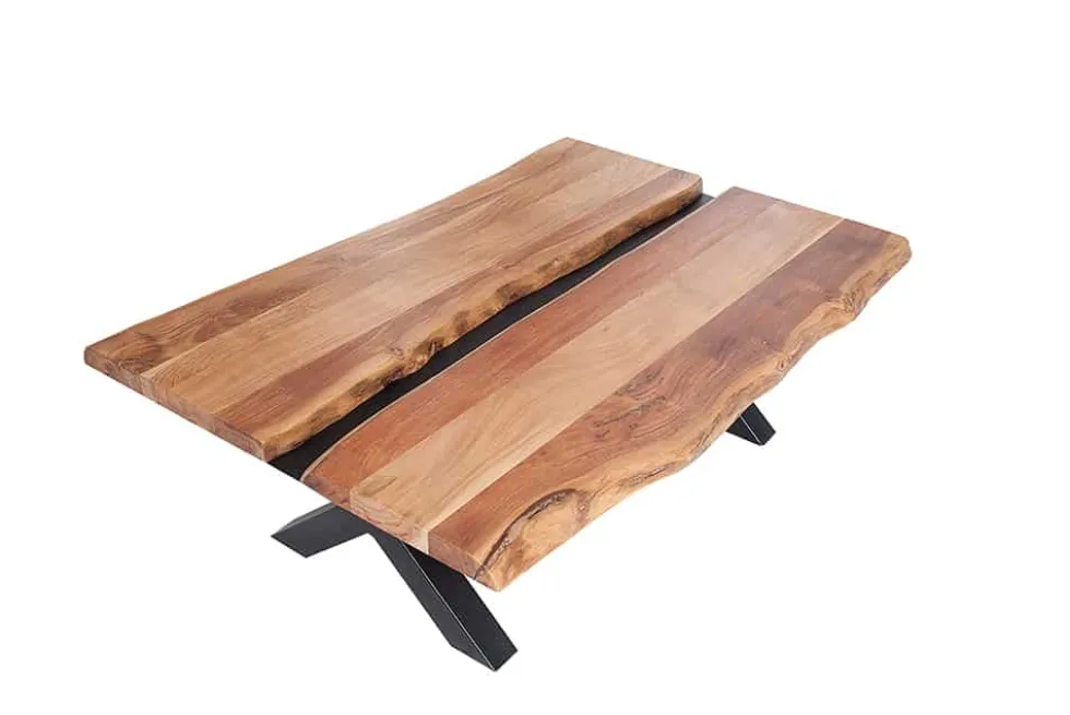 Massivholz Couchtisch AMAZONAS 105cm Akazie schwarzes Metall X-Gestell Baumkante Live Edge